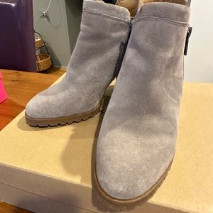 Lucky Brand taupe suede booties. Size 8. Side zip, chunk heel.